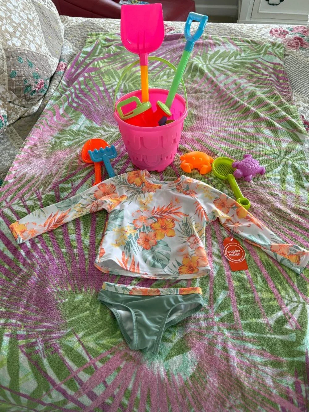 Wonder Nation Tropical Green & Orange Hibiscus Toddler Rash Guard Set Size 18 Mo